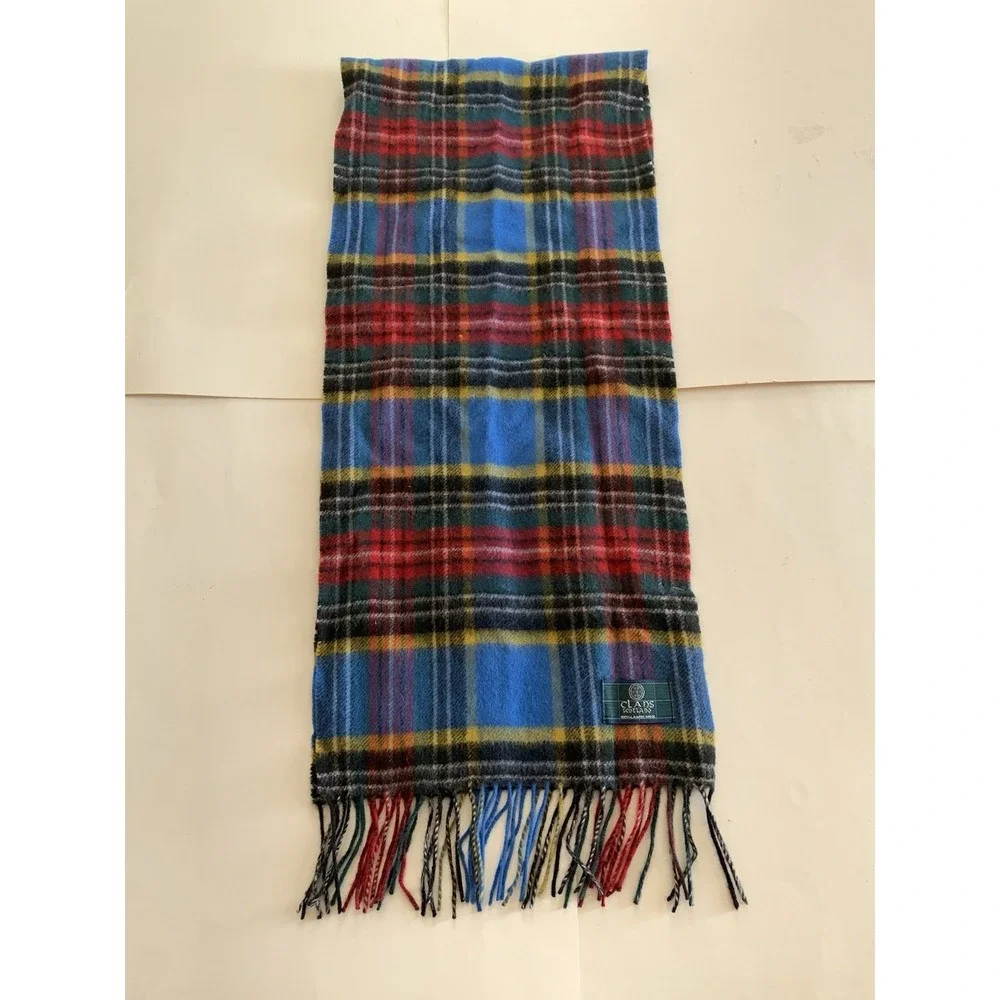 Clans Scotland 100% Lambswool Tartan Plaid Scarf Blue Red Wool Fringe 58